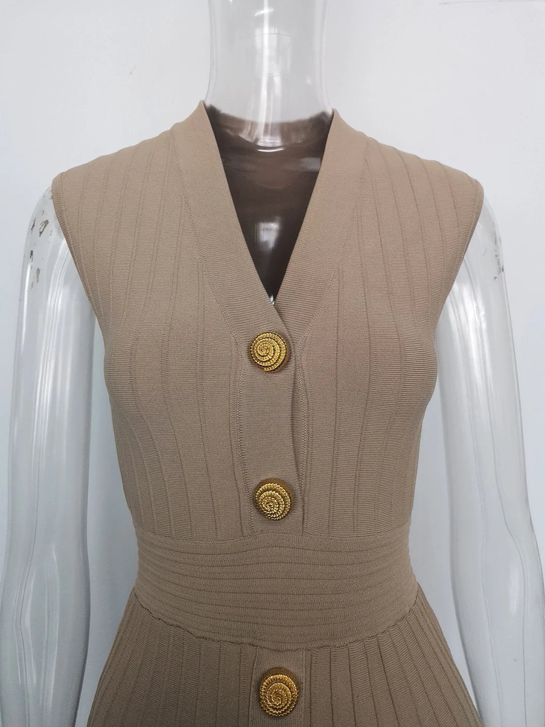 EtherealBe V-neck sleeveless fall dress women in beige with button details and ribbed texture