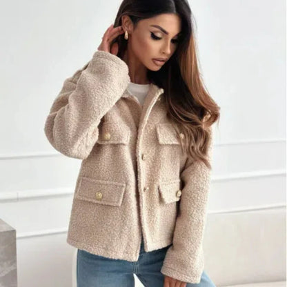 EtherealBe fashionable woolen short coat for women in beige with button details and pockets