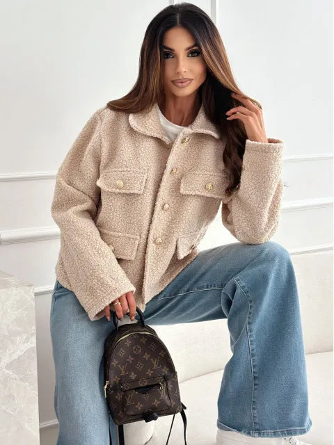 EtherealBe fashionable woolen short coat for women, featuring a button-front design and cozy fabric