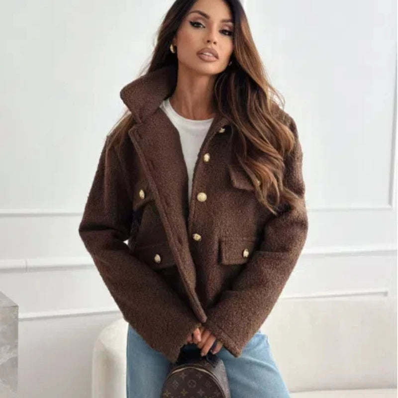 EtherealBe fashionable woolen short coat for women in brown with stylish buttons and pockets