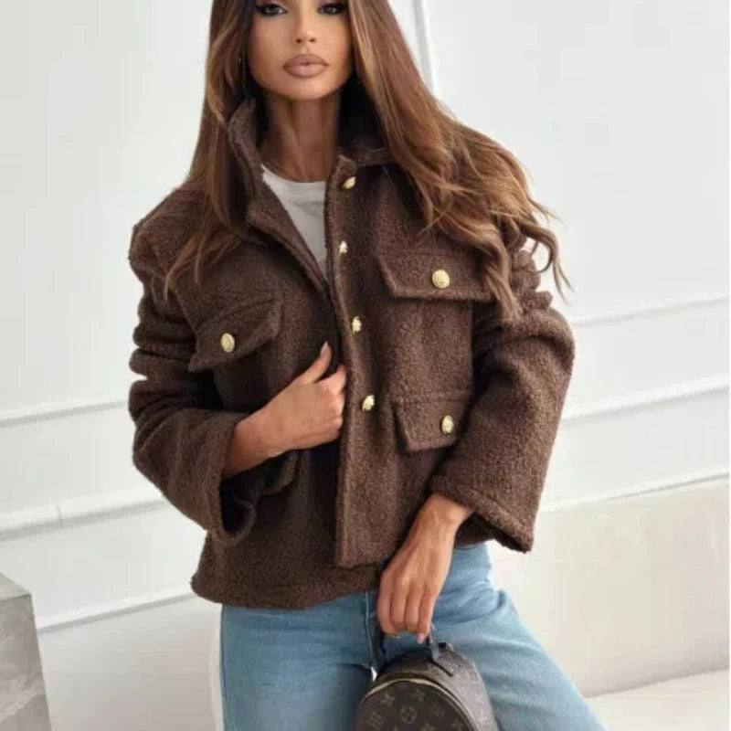 EtherealBe fashionable woolen short coat for women in brown with button details and pockets