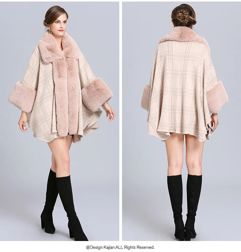 EtherealBe faux fur collar plaid coat in beige with stylish oversized sleeves