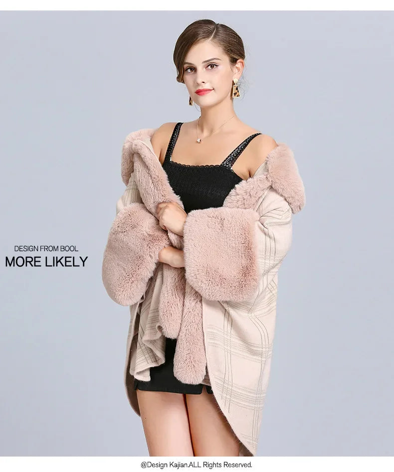 EtherealBe faux fur collar plaid coat in beige with stylish oversized sleeves and comfortable fit