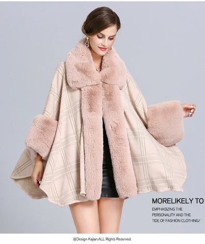 EtherealBe faux fur collar plaid coat in soft beige with stylish oversized sleeves