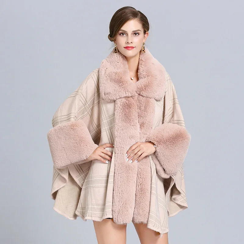 EtherealBe faux fur collar plaid coat in soft beige with oversized sleeves for stylish warmth