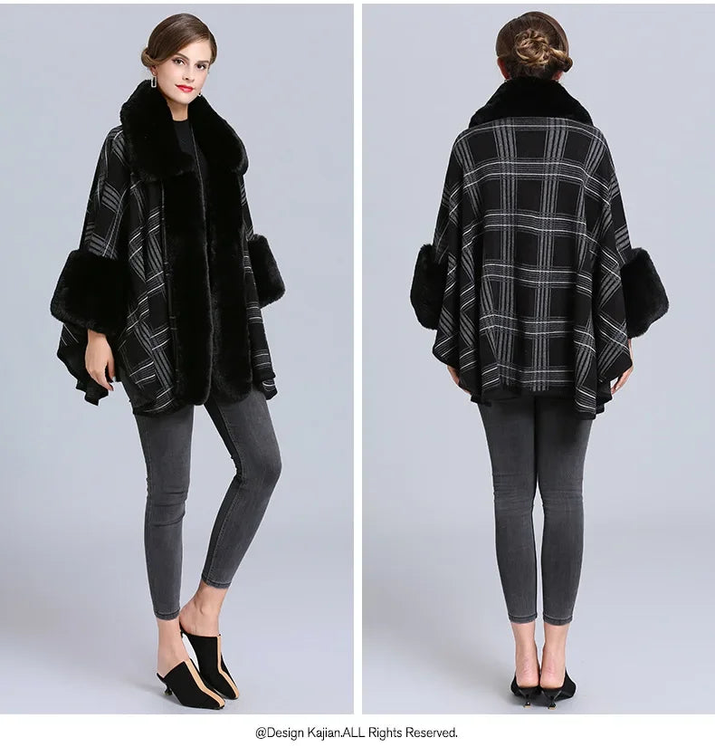 EtherealBe faux fur collar plaid coat in black and gray with elegant draped design