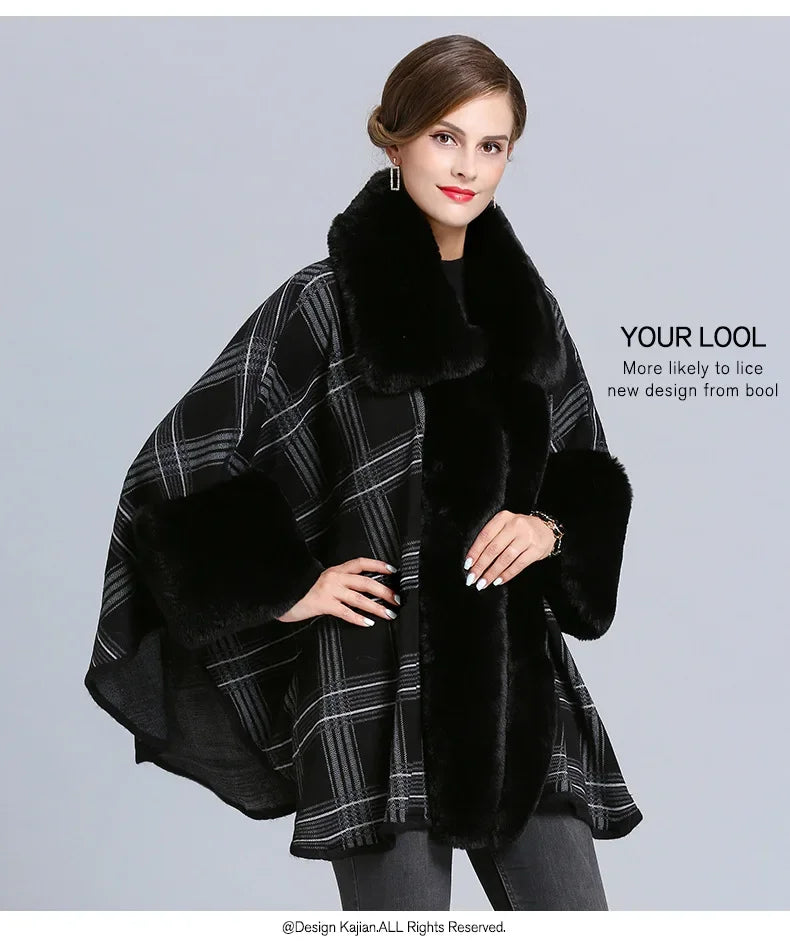 EtherealBe faux fur collar plaid coat featuring a stylish oversized design and elegant black and white pattern