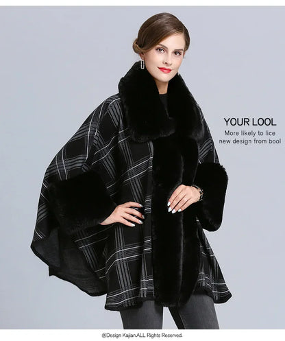 EtherealBe faux fur collar plaid coat featuring a stylish oversized design and elegant black and white pattern