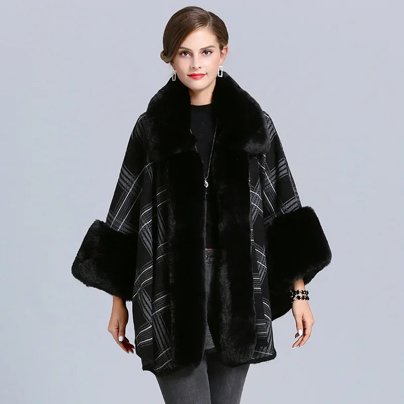 EtherealBe faux fur collar plaid coat in black with stylish plaid pattern and elegant design