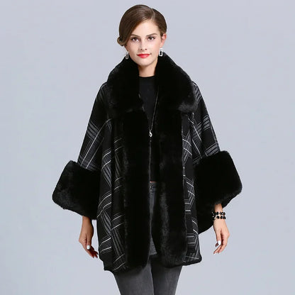 EtherealBe faux fur collar plaid coat in black with stylish plaid pattern and elegant design