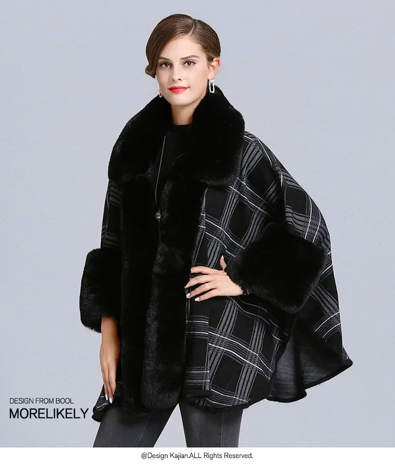 Stylish faux fur collar plaid coat in black and white with chic oversized sleeves