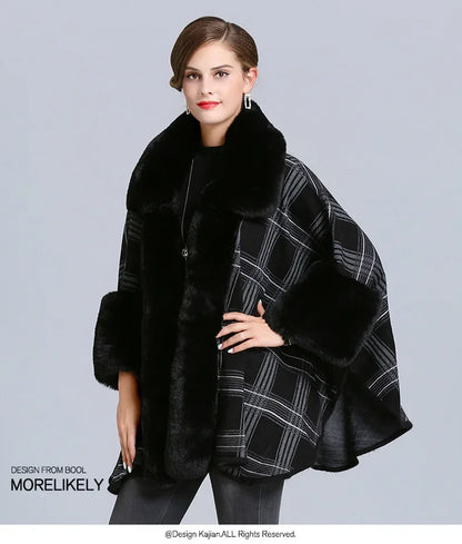 Stylish faux fur collar plaid coat in black and white with chic oversized sleeves