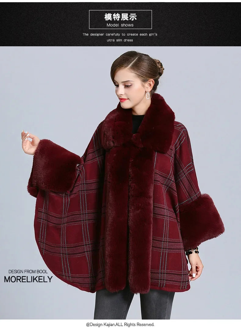 EtherealBe faux fur collar plaid coat in burgundy with wide sleeves and elegant design