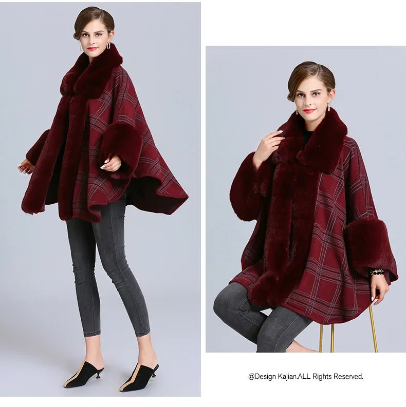 EtherealBe faux fur collar plaid coat in burgundy with wide sleeves and stylish design