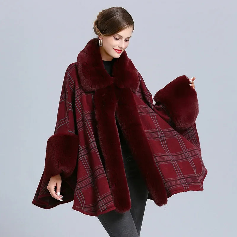 EtherealBe faux fur collar plaid coat in burgundy with stylish oversized sleeves