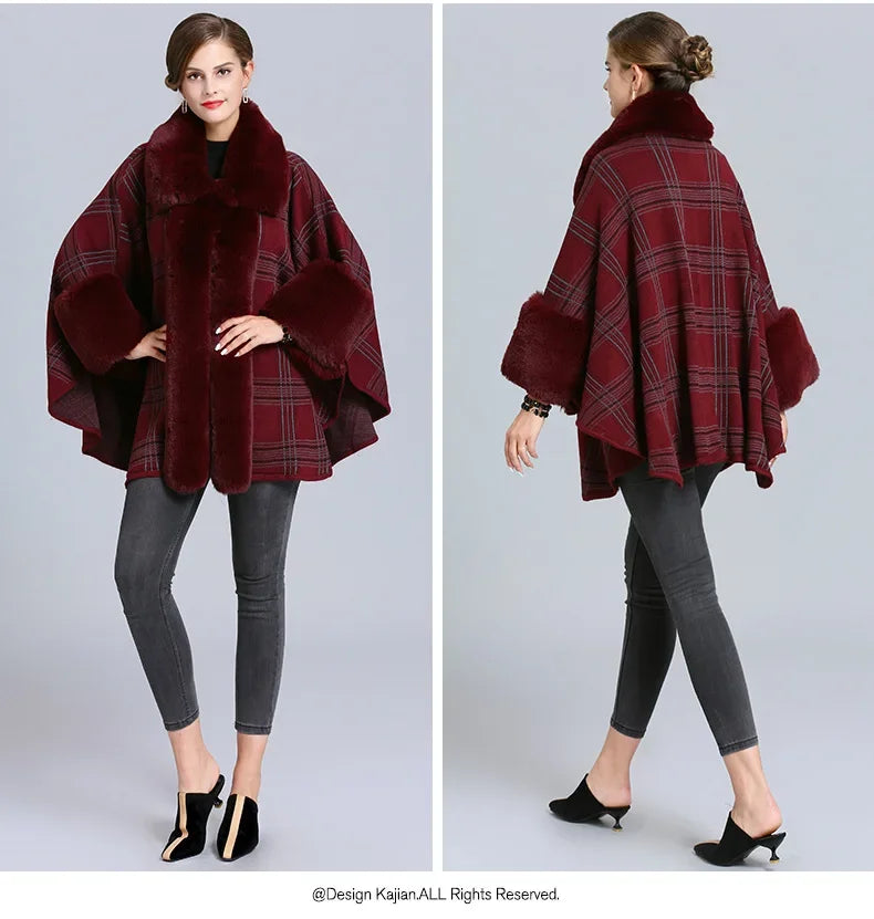 EtherealBe faux fur collar plaid coat burgundy with wide sleeves and stylish design