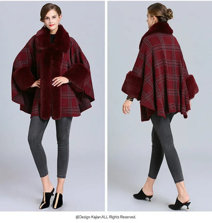 EtherealBe faux fur collar plaid coat burgundy with wide sleeves and stylish design