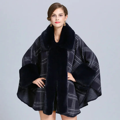 EtherealBe faux fur collar plaid coat in dark navy, perfect for stylish warmth and elegance