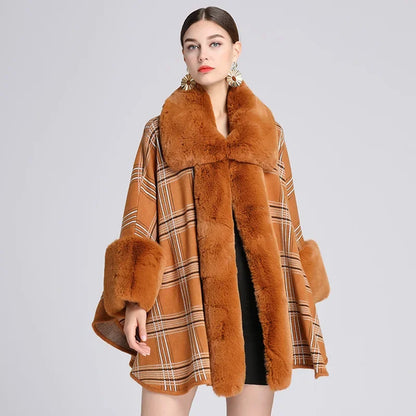 EtherealBe faux fur collar plaid coat in warm tones with stylish oversized sleeves