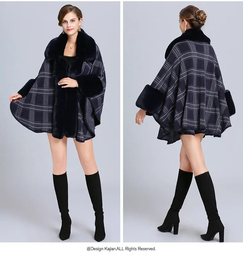 EtherealBe faux fur collar plaid coat in navy with stylish cape design and elegant sleeves