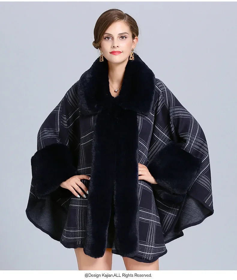 Elegant faux fur collar plaid coat by EtherealBe with stylish cape design and dark tones
