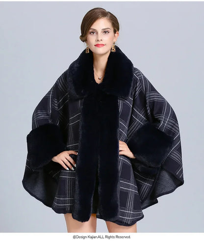 Elegant faux fur collar plaid coat by EtherealBe with stylish cape design and dark tones