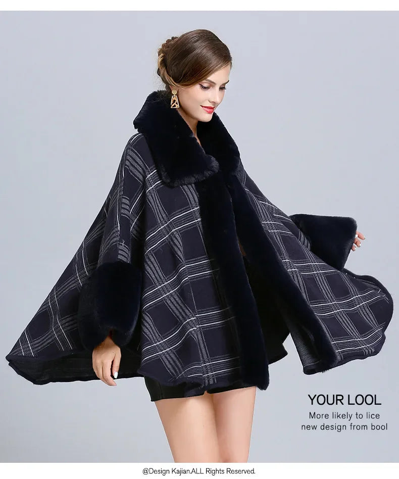 Elegant faux fur collar plaid coat featuring a stylish cape design and black and white check pattern