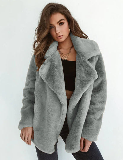 EtherealBe faux fur lapel coat for women in soft gray with a stylish oversized fit