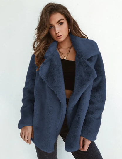 EtherealBe navy faux fur lapel coat for women with a chic and cozy design