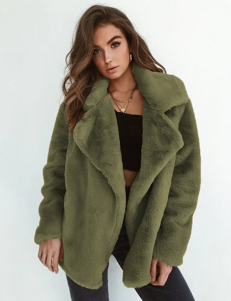 EtherealBe Olive Green Faux Fur Lapel Coat for Women with a Soft and Cozy Design