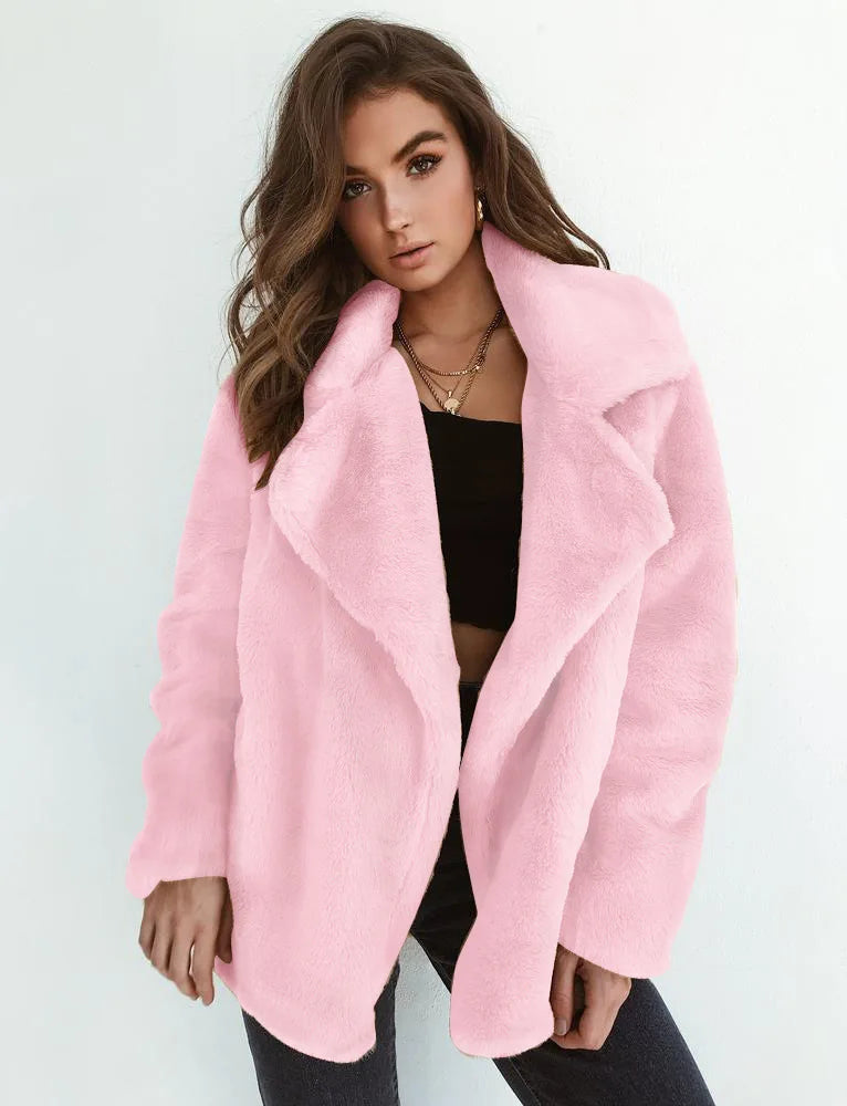 EtherealBe Pink Faux Fur Lapel Coat for Women with Oversized Fit and Cozy Material