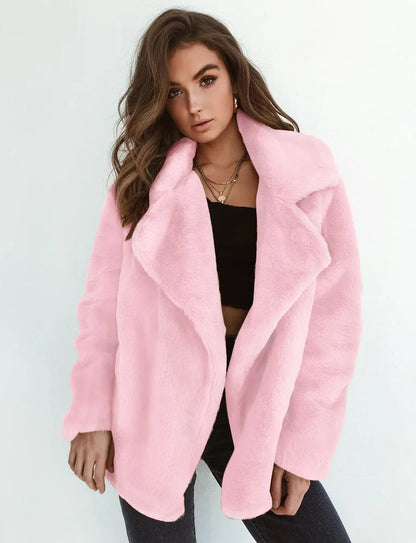 EtherealBe Pink Faux Fur Lapel Coat for Women with Oversized Fit and Cozy Material