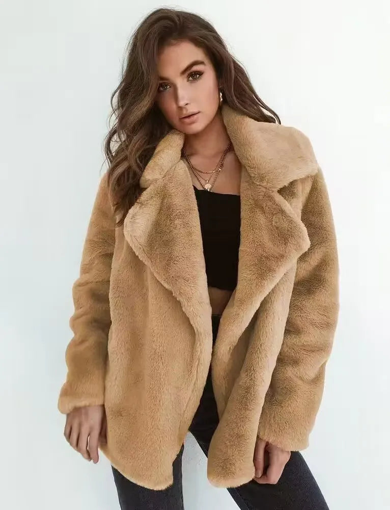 EtherealBe faux fur lapel coat for women in beige with a cozy oversized fit