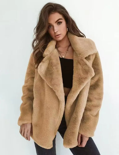 EtherealBe faux fur lapel coat for women in beige with a cozy oversized fit