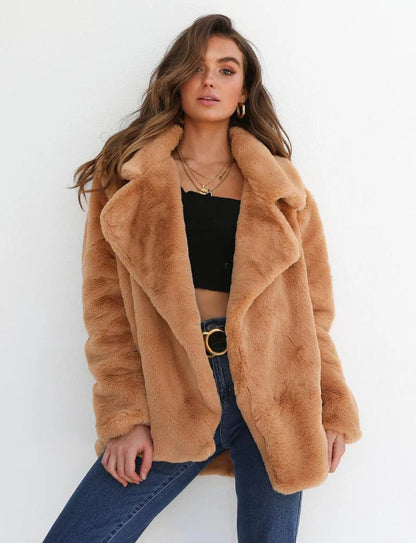 EtherealBe faux fur lapel coat for women in a warm tan color, perfect for stylish layering