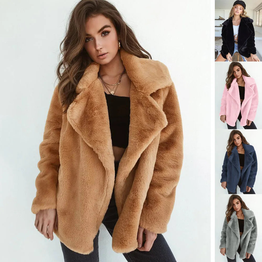 Soft tan faux fur lapel coat for women styled for winter fashion with a cozy look