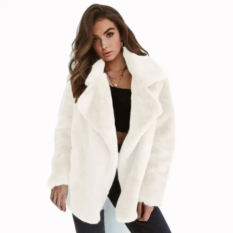 EtherealBe White Faux Fur Lapel Coat for Women with Open Front and Cozy Design