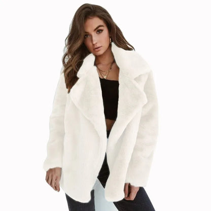 EtherealBe White Faux Fur Lapel Coat for Women with Open Front and Cozy Design