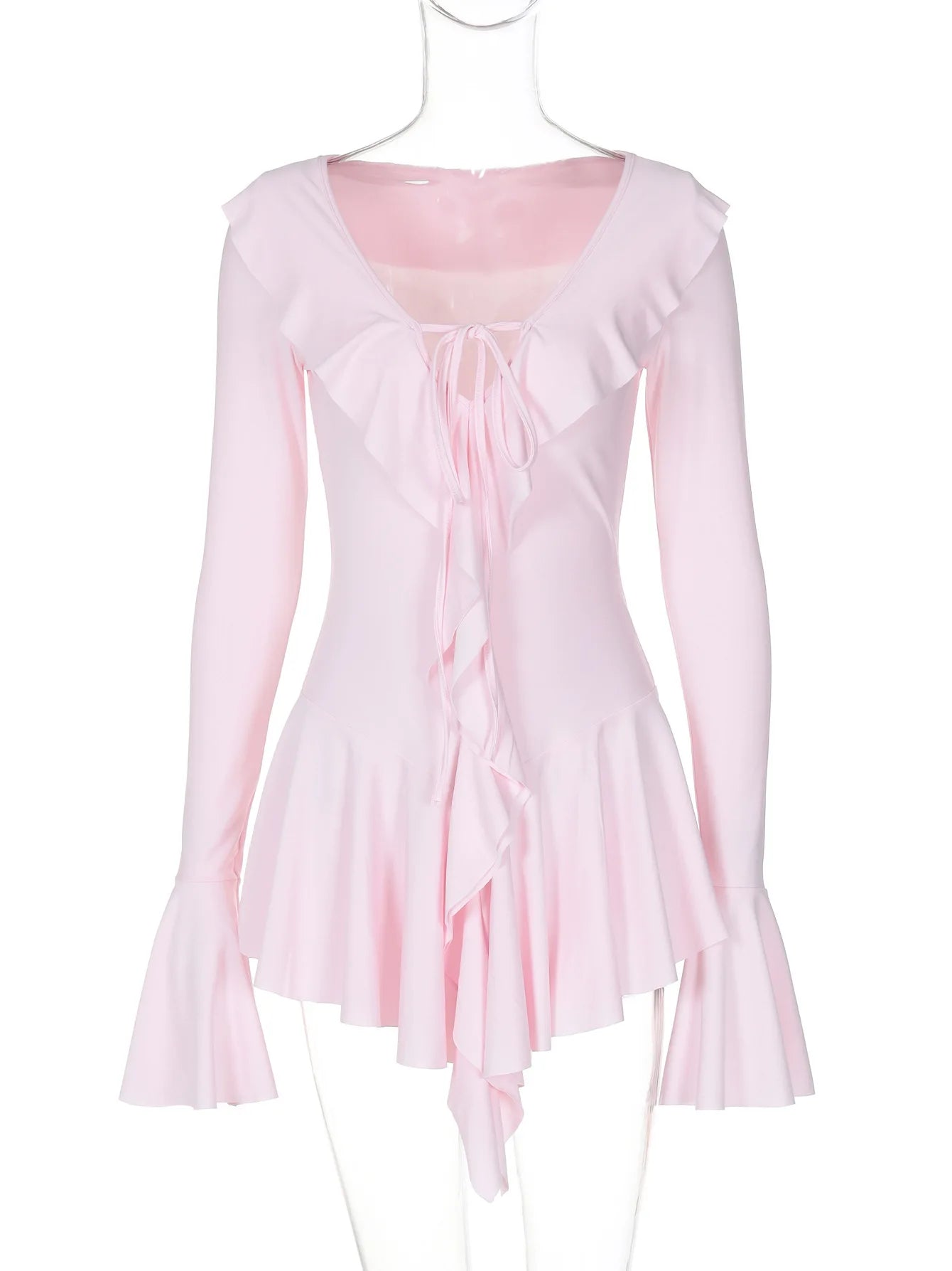 EtherealBe Flared Sleeved V Neck Ruffle Dress in Light Pink with a Stylish Design