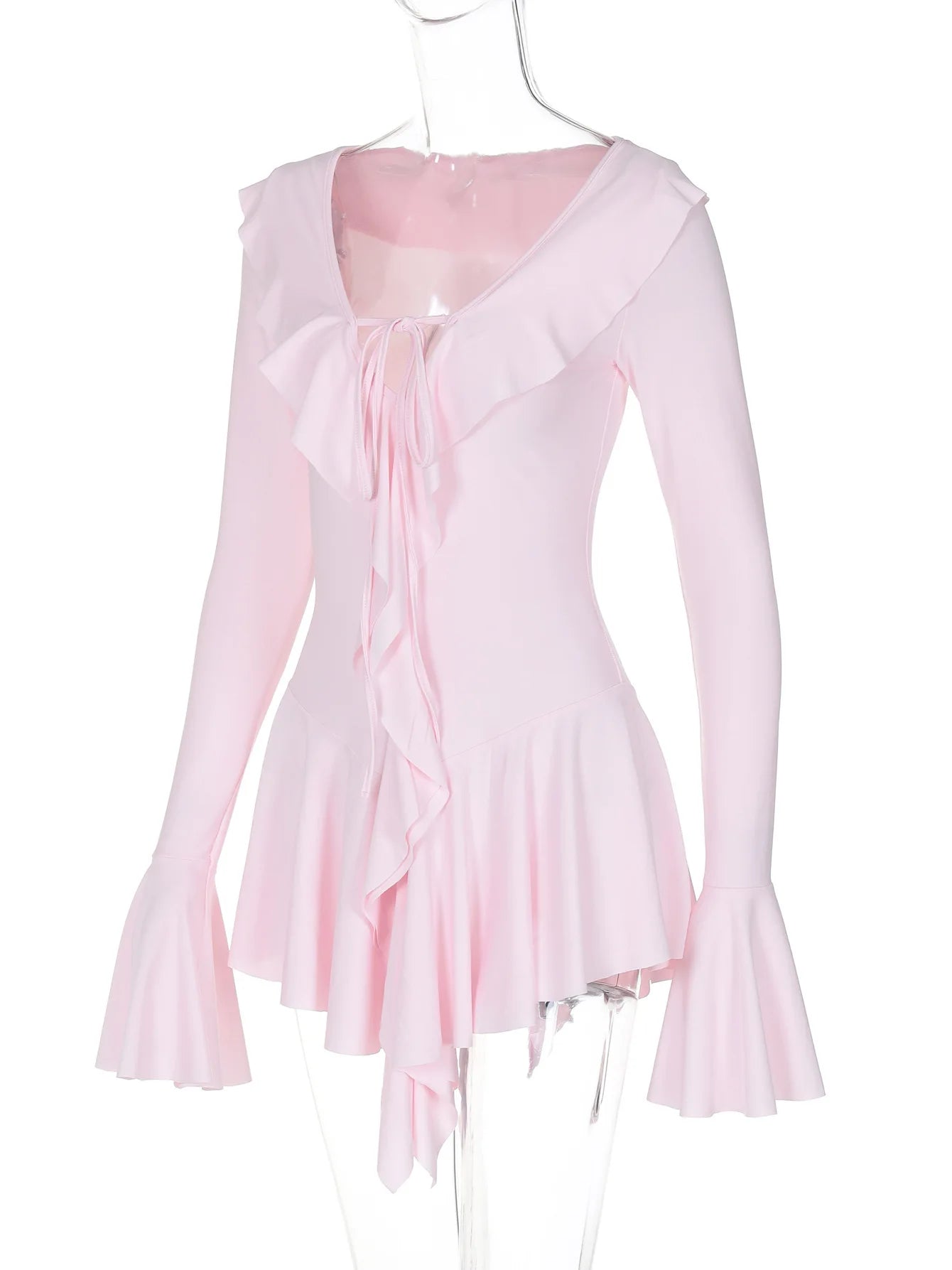 EtherealBe Flared Sleeved V Neck Ruffle Dress in Soft Pink for Elegant Styling