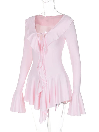 EtherealBe Flared Sleeved V Neck Ruffle Dress in Soft Pink for Elegant Styling
