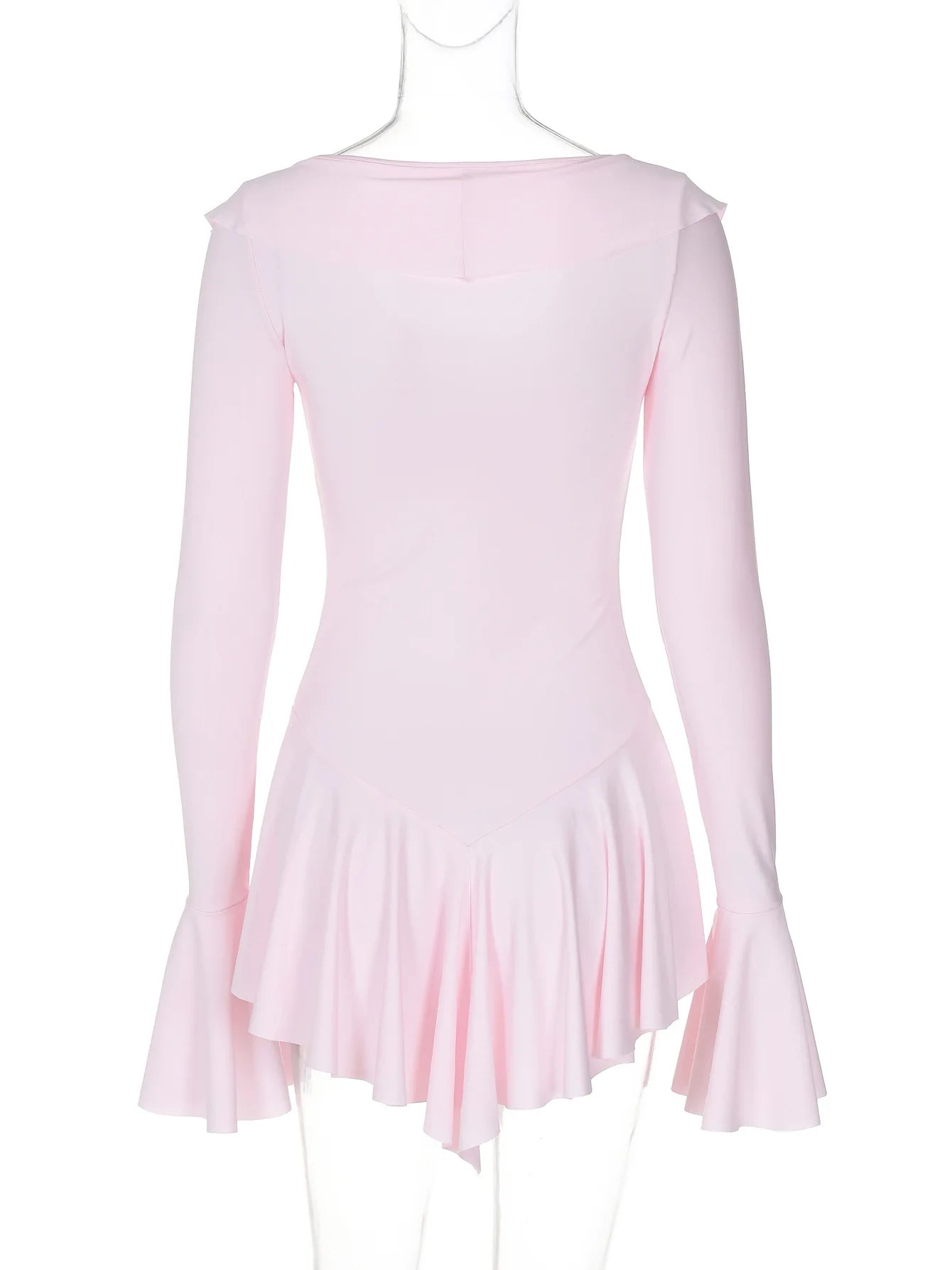 Back view of a light pink flared sleeved v neck ruffle dress by EtherealBe with a flattering silhouette