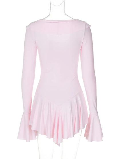 Back view of a light pink flared sleeved v neck ruffle dress by EtherealBe with a flattering silhouette