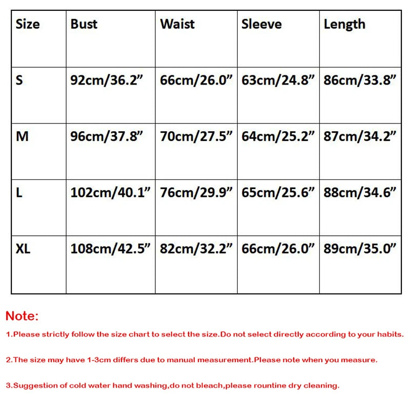 elegant v neck long sleeve mini dress size chart showing S M L XL bust waist sleeve and length measurements in cm and inches