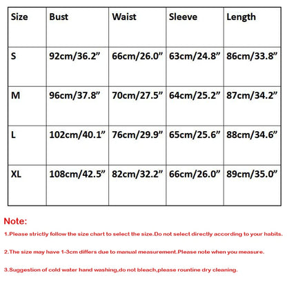 elegant v neck long sleeve mini dress size chart showing S M L XL bust waist sleeve and length measurements in cm and inches