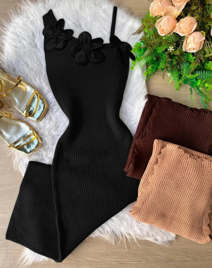EtherealBe floral beaded bodycon dress in black with floral detailing and chic accessories