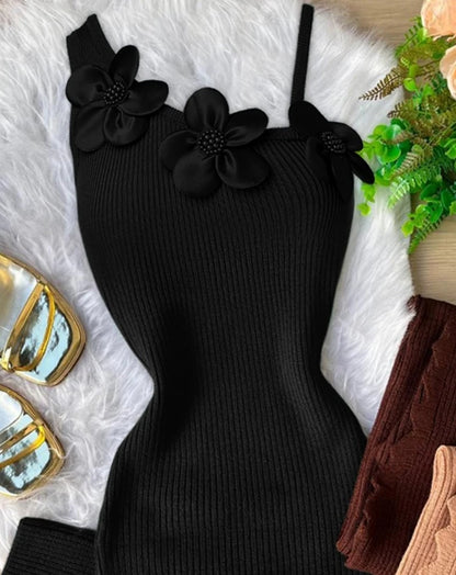 EtherealBe floral beaded bodycon dress in black with floral appliques and spaghetti straps
