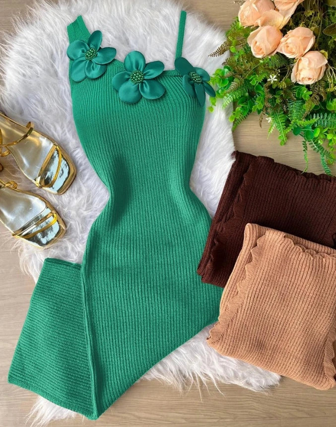 EtherealBe floral beaded bodycon dress in green with flower accents and stylish sandals