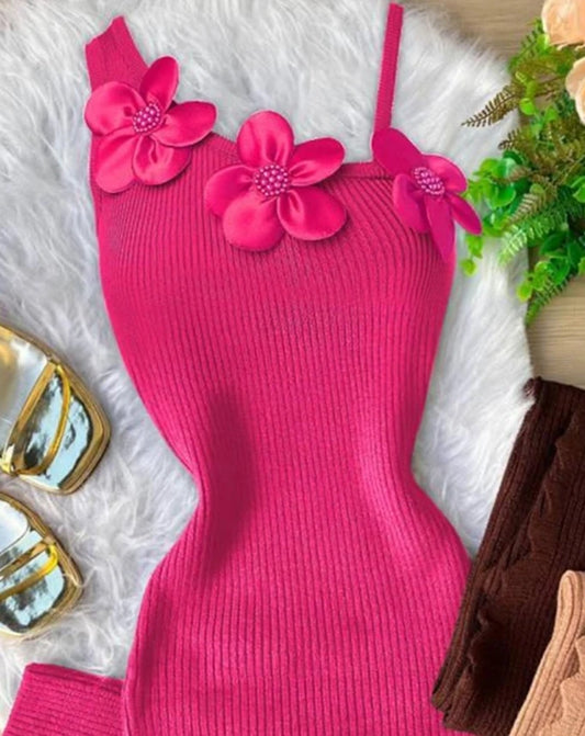 Vibrant pink floral beaded bodycon dress with three decorative flower appliques