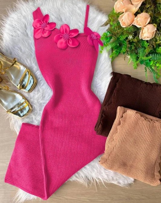 EtherealBe floral beaded bodycon dress in pink with flower details and stylish accessories